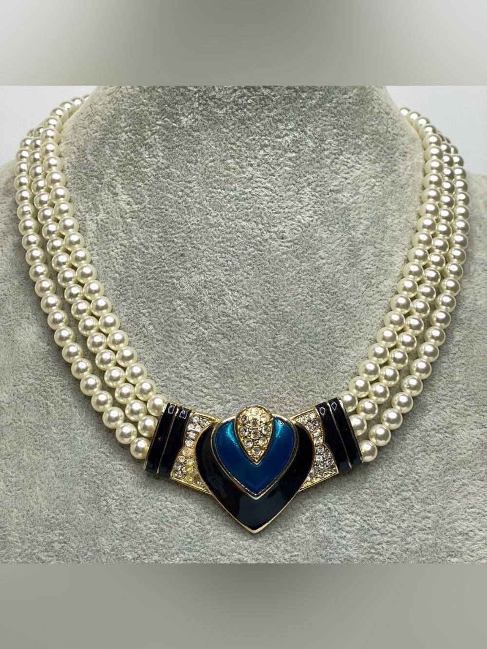 Teardrop Shaped Triple Pearl Glass Necklace Black Blue Gold Enamel Embellished